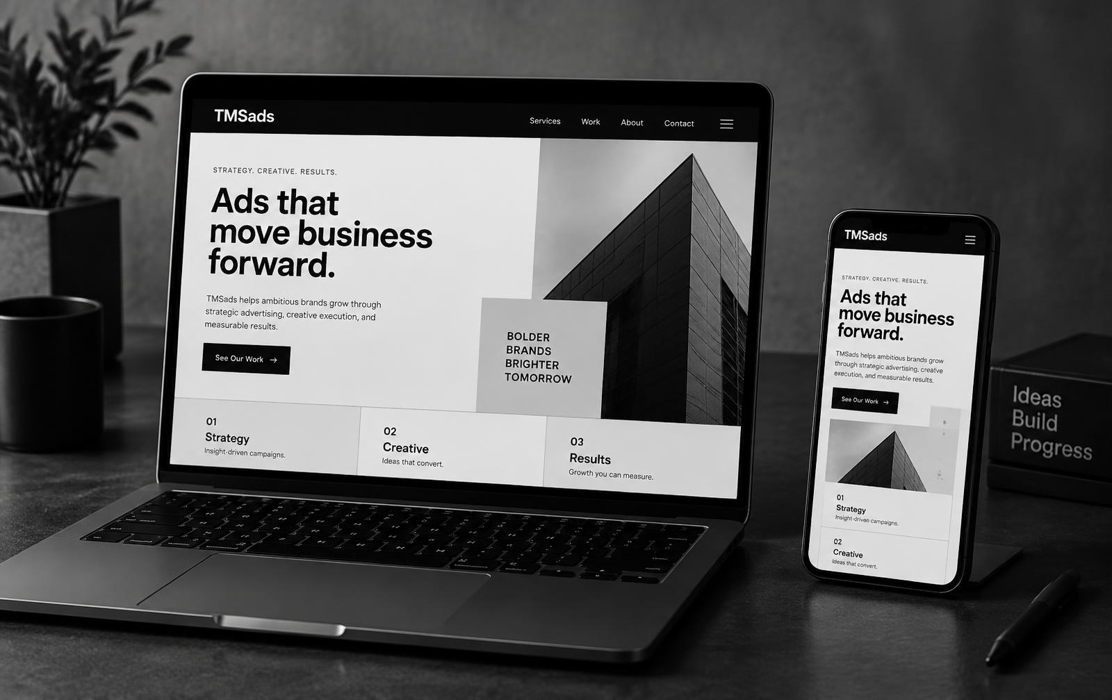 TMSads website shown on a laptop and phone